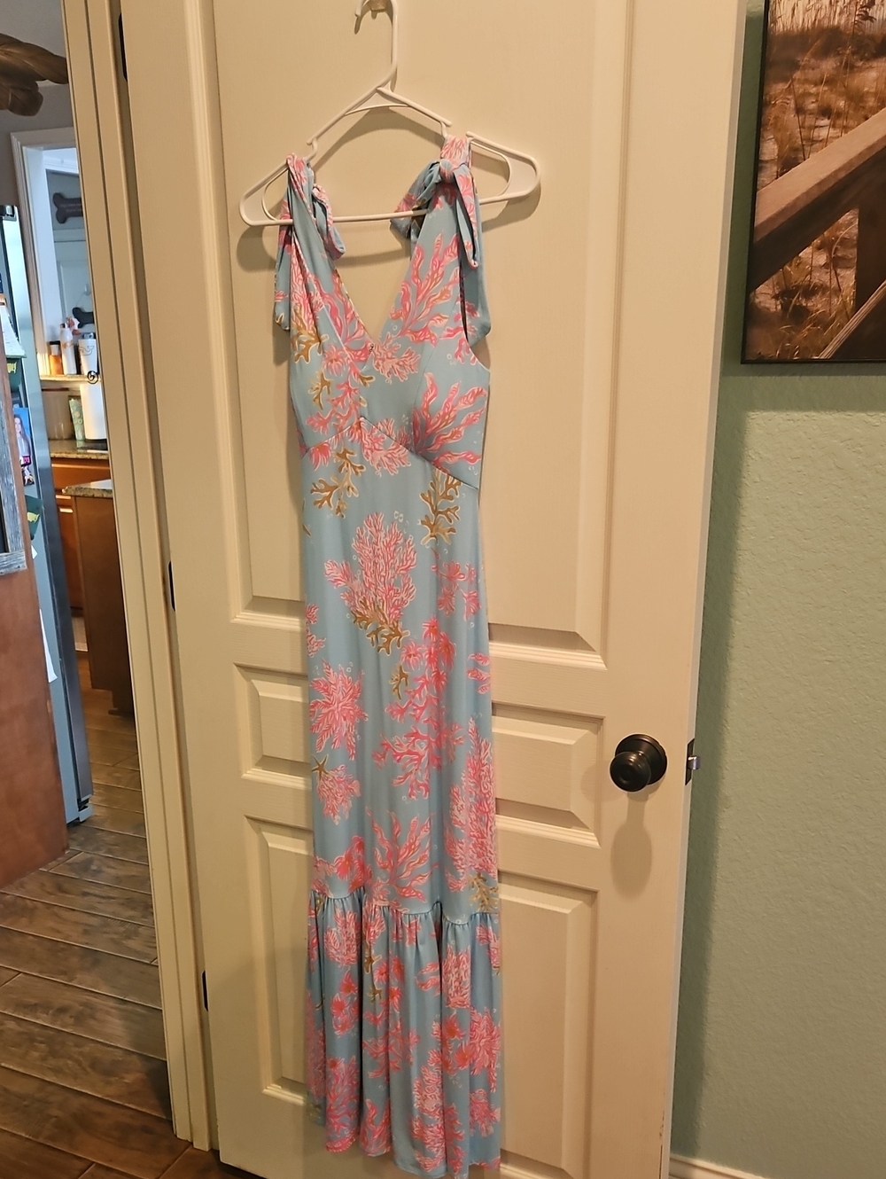 Lilly Pulitzer Light Blue Maxi Dress with Pink & Gold Coral Print